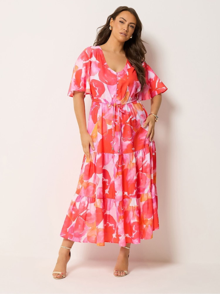 Yours Curve Pink Angel Sleeve Tiered Dress - Image 1 of 5