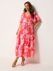Yours Curve Pink Angel Sleeve Tiered Dress - Image 2 of 5