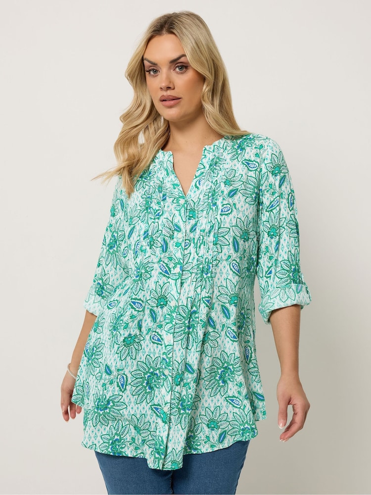 Yours Curve Green Paisley Pintuck Blouse - Image 1 of 5