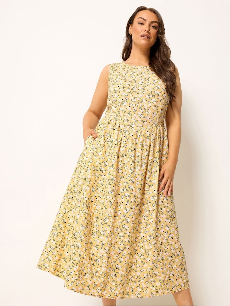 Yours Curve Yellow Linen Blende V Waist Midaxi Dress - Image 1 of 4 Yours Curve Yellow Linen Blende V Waist Midaxi Dress - Image 1 of 4