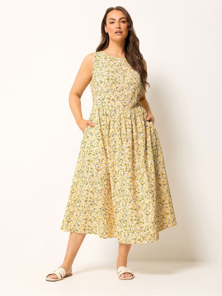 Yours Curve Yellow Linen Blende V Waist Midaxi Dress - Image 2 of 4 Yours Curve Yellow Linen Blende V Waist Midaxi Dress - Image 2 of 4