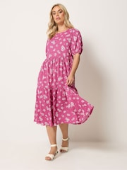 Yours Curve Pink Daisy Print Puff Sleeve Tiered Dress - Image 1 of 5