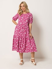 Yours Curve Pink Daisy Print Puff Sleeve Tiered Dress - Image 2 of 5