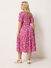 Yours Curve Pink Daisy Print Puff Sleeve Tiered Dress - Image 3 of 5