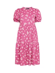 Yours Curve Pink Daisy Print Puff Sleeve Tiered Dress - Image 5 of 5