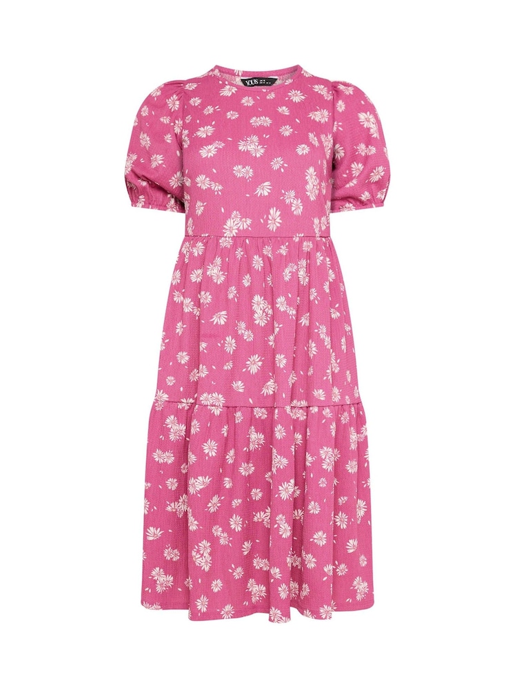 Yours Curve Pink Daisy Print Puff Sleeve Tiered Dress - Image 5 of 5