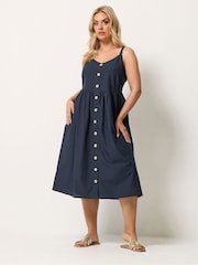 Yours Curve Blue Linen Blend Button Sun Dress - Image 2 of 5