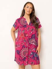 Yours Curve Pink Pleated Front Detail Tunic Dress - Image 1 of 5