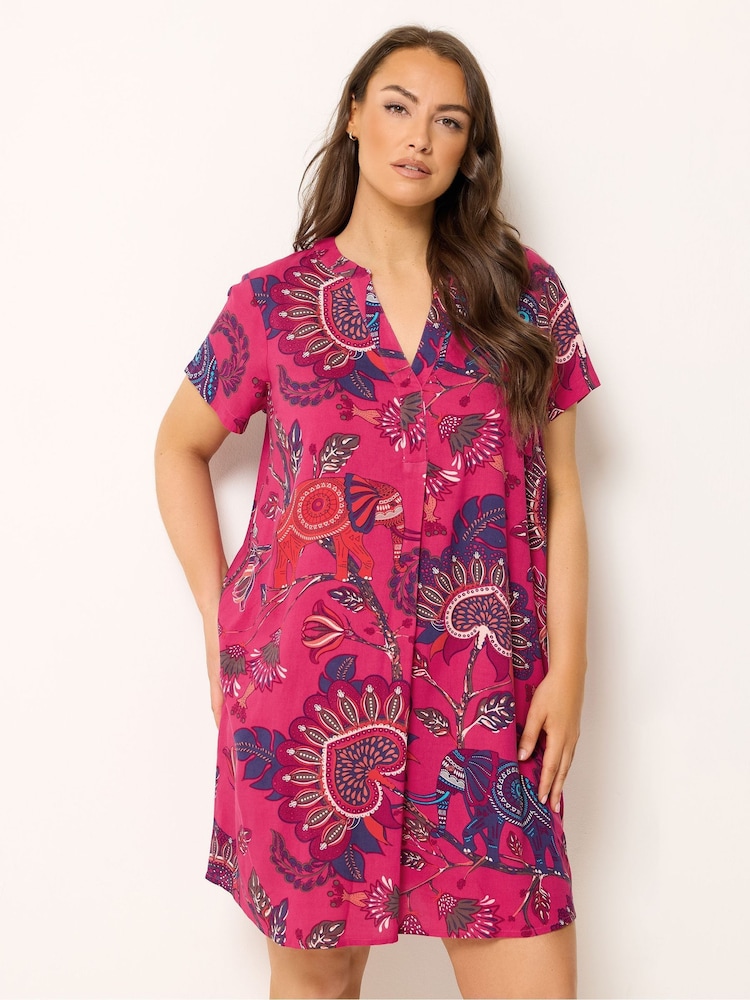 Yours Curve Pink Pleated Front Detail Tunic Dress - Image 1 of 5