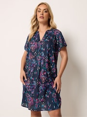 Yours Curve Blue Pleated Front Detail Tunic Dress - Image 1 of 5