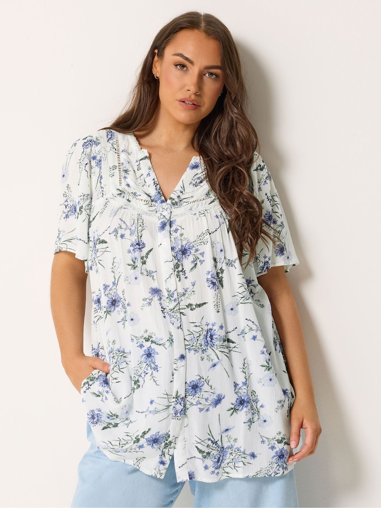 Yours Curve White Floral Notch Neck Blouse - Image 1 of 5