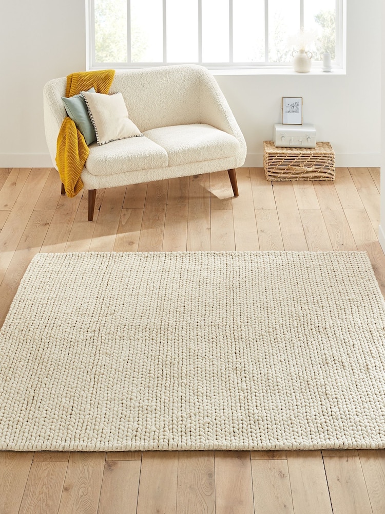 La Redoute Intérieurs Ecru Diano Knit Effect Square Wool Rug - Image 1 of 4 La Redoute Intérieurs Ecru Diano Knit Effect Square Wool Rug - Image 1 of 4