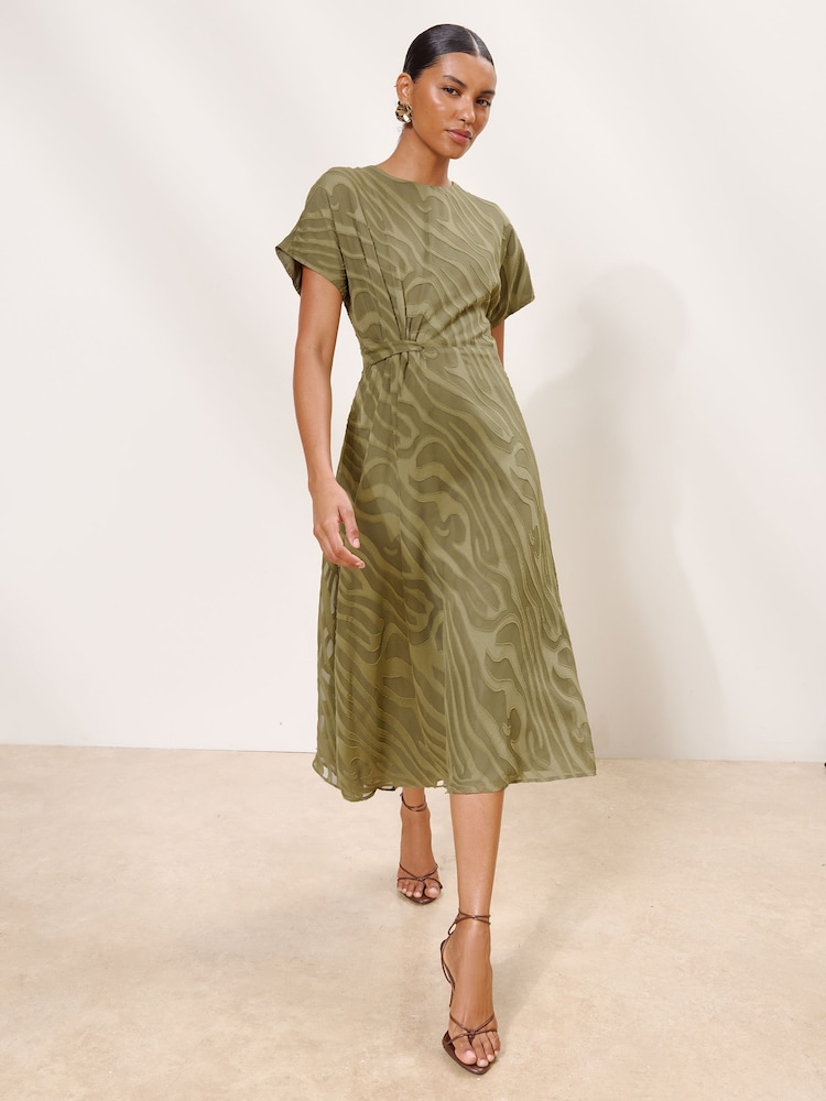 Lipsy Green Textured Side Knot Short Sleeve Midi Dress - Image 1 of 4 Lipsy Green Textured Side Knot Short Sleeve Midi Dress - Image 1 of 4