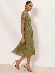 Lipsy Green Textured Side Knot Short Sleeve Midi Dress - Image 2 of 4