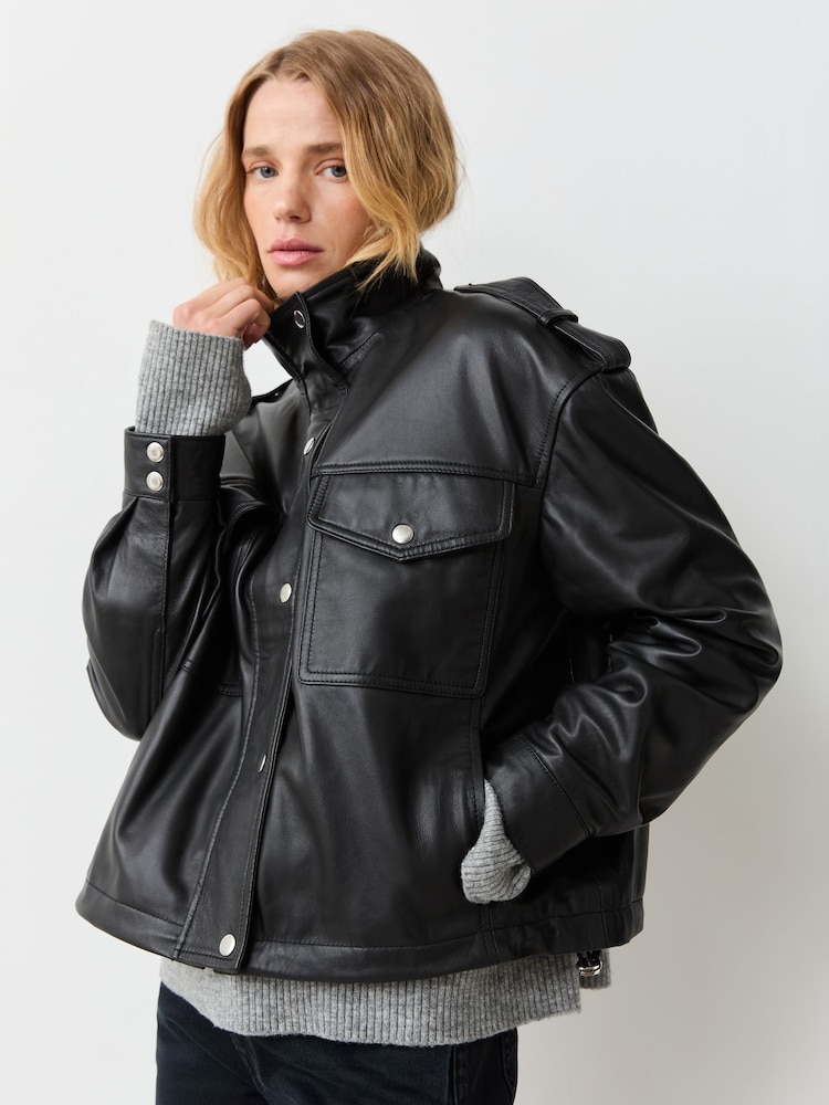 Urban Code Black Leather bomber with drawcord hem Jacket - Image 1 of 4