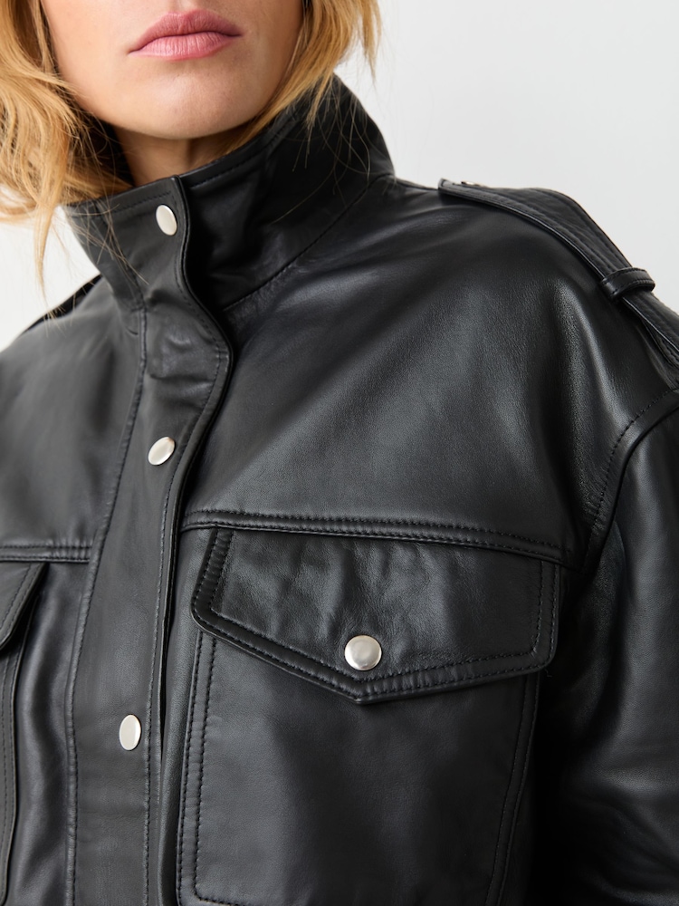 Urban Code Black Leather bomber with drawcord hem Jacket - Image 4 of 4