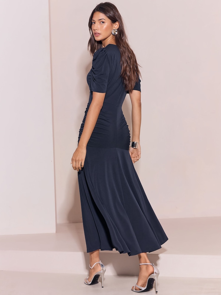 Lipsy Navy Blue Slinky Ruched Short Sleeve Midi Dress - Image 5 of 5