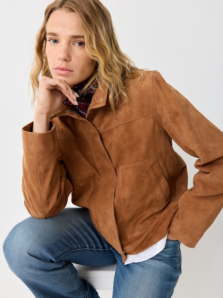 Urban Code Brown Suede Funnel Neck Boxy Jacket - Image 1 of 4 Urban Code Brown Suede Funnel Neck Boxy Jacket - Image 1 of 4