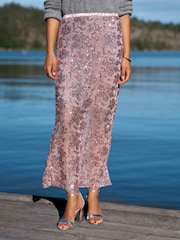 Pink Sequin Floral Mesh Midi Skirt - Image 2 of 6