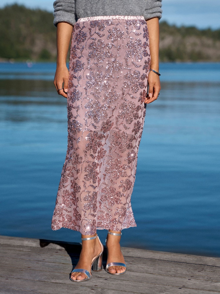Pink Sequin Floral Mesh Midi Skirt - Image 2 of 6 Pink Sequin Floral Mesh Midi Skirt - Image 2 of 6