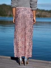 Pink Sequin Floral Mesh Midi Skirt - Image 3 of 6