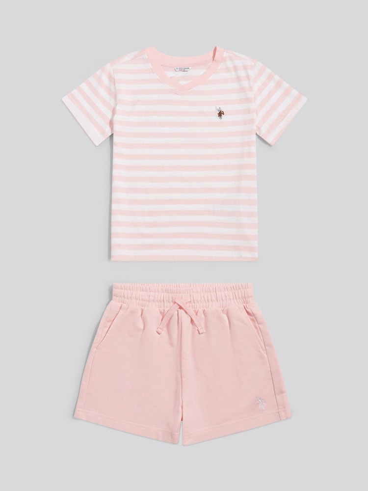 U.S. Polo Assn Pink Stripe V-Neck T-Shirt & Sweat Shorts Set - Image 1 of 2 U.S. Polo Assn Pink Stripe V-Neck T-Shirt & Sweat Shorts Set - Image 1 of 2