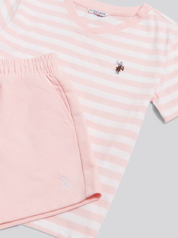 U.S. Polo Assn Pink Stripe V-Neck T-Shirt & Sweat Shorts Set - Image 2 of 2 U.S. Polo Assn Pink Stripe V-Neck T-Shirt & Sweat Shorts Set - Image 2 of 2