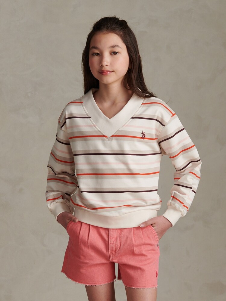 U.S. Polo Assn Natural Stripe Logo V-Neck Sweat Top - Image 1 of 6 U.S. Polo Assn Natural Stripe Logo V-Neck Sweat Top - Image 1 of 6
