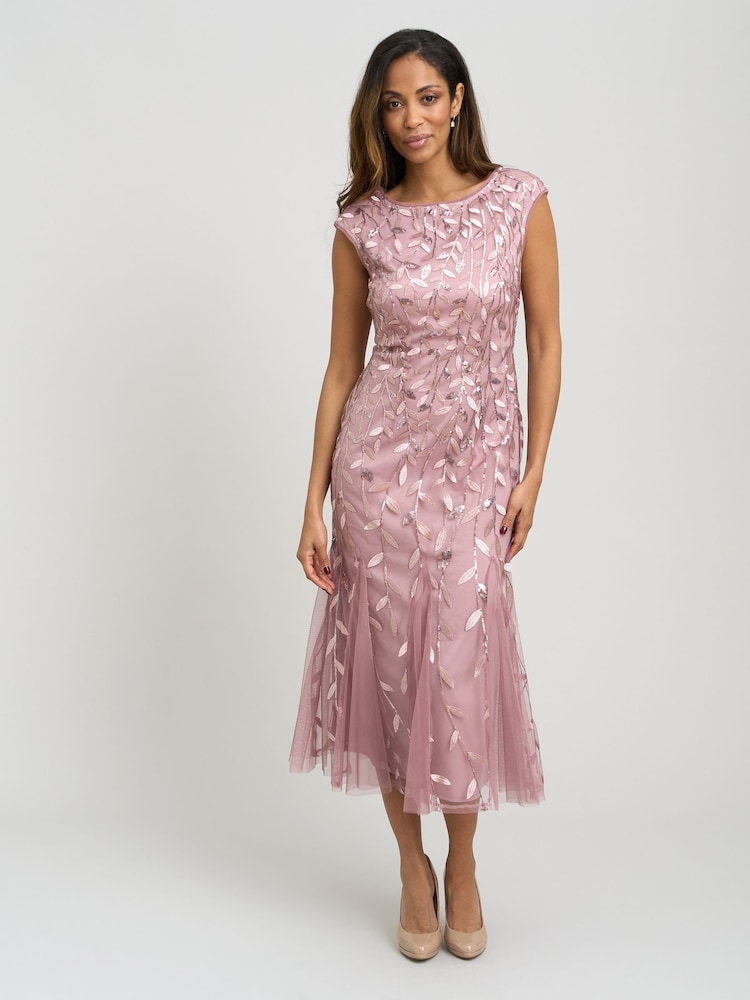 Gina Bacconi Pink Lolly Midi Emroidered Dress - Image 1 of 5