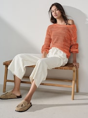 Orange Mesh Crochet Off Shoulder Jumper - Image 1 of 3