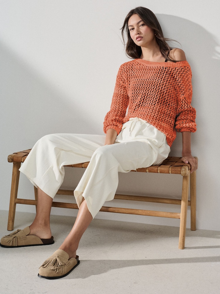Orange Mesh Crochet Off Shoulder Jumper - Image 1 of 3