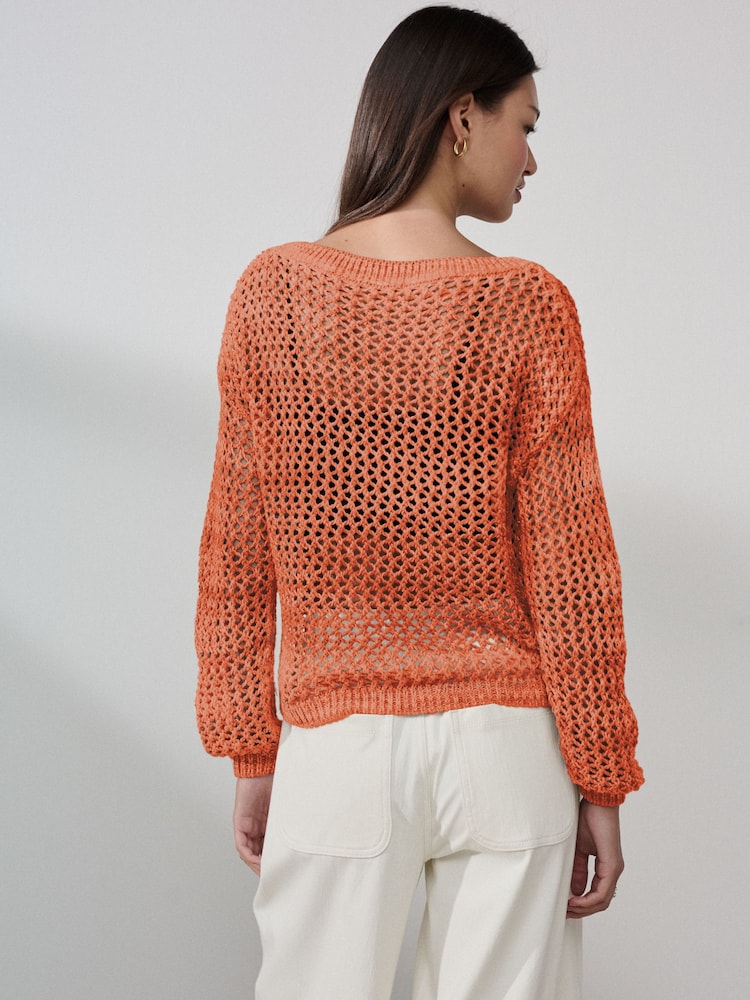 Orange Mesh Crochet Off Shoulder Jumper - Image 2 of 3