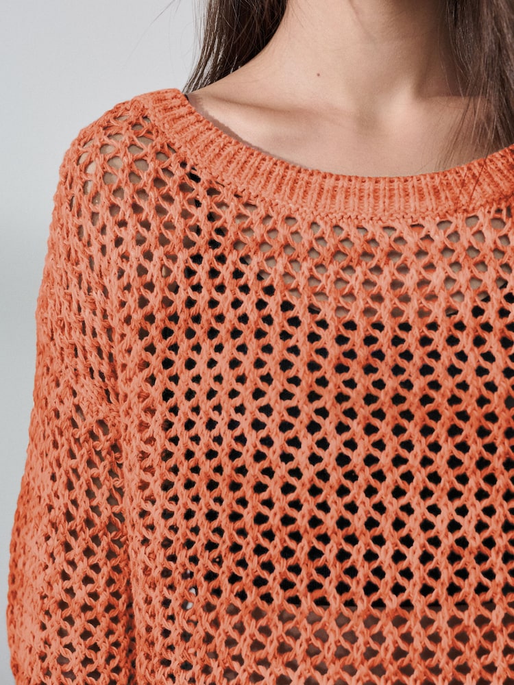 Orange Mesh Crochet Off Shoulder Jumper - Image 3 of 3
