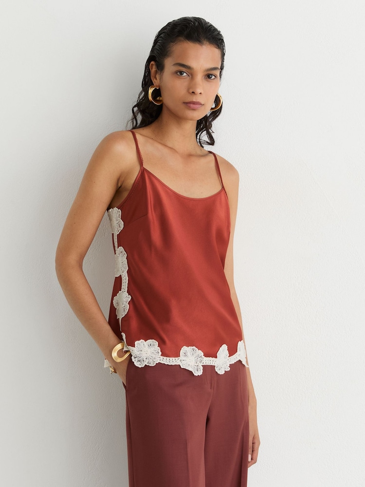 Reiss Rust Orange Doa Satin Floral-Lace Trim Cami Top - Image 1 of 8 Reiss Rust Orange Doa Satin Floral-Lace Trim Cami Top - Image 1 of 8
