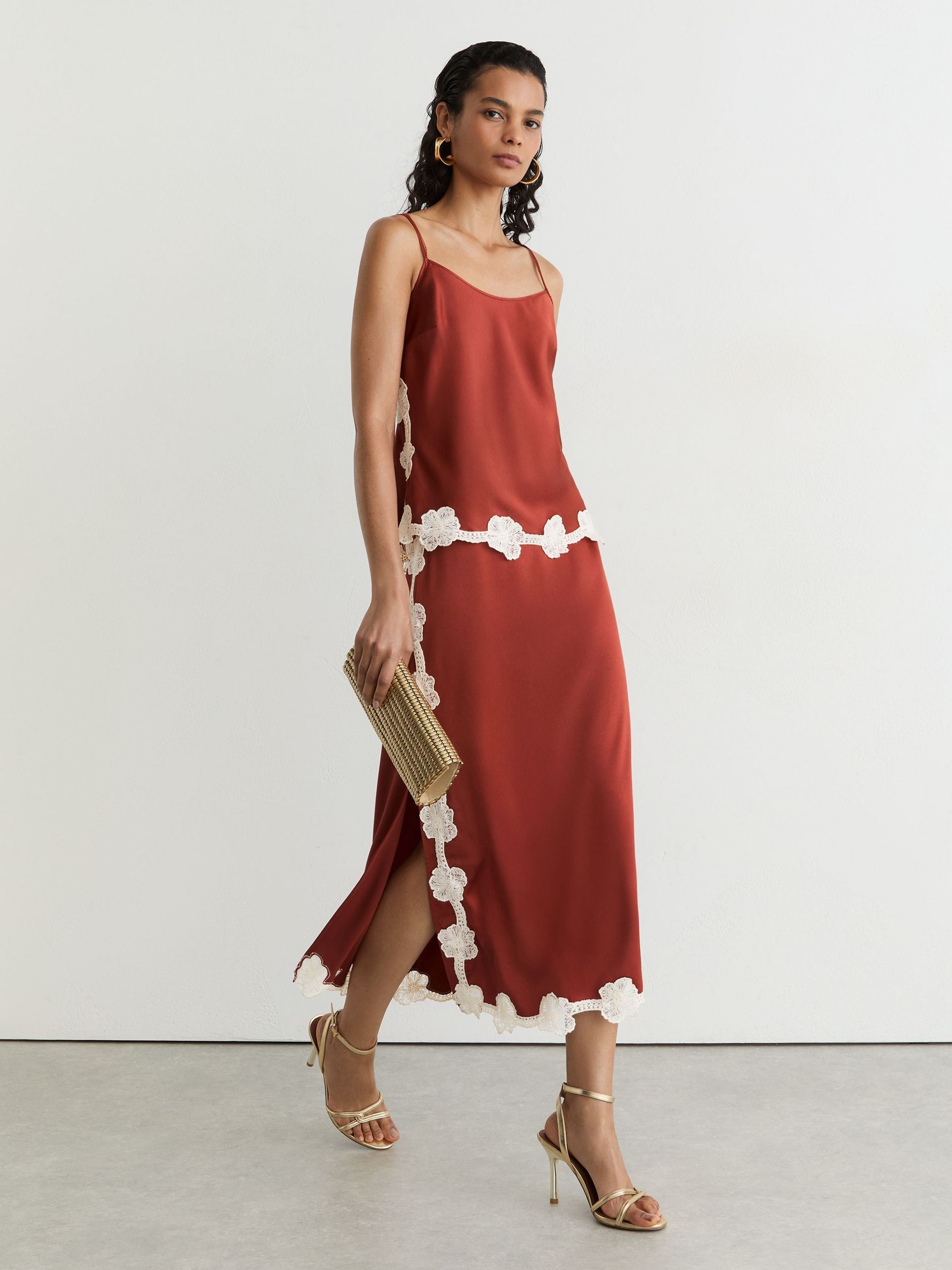 Buy Reiss Rust Orange Doa Satin Floral-Lace Trim Cami Top from