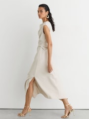 Reiss Stone Neutral Camilla Gathered-Detail Draped Midi Dress - Image 1 of 7