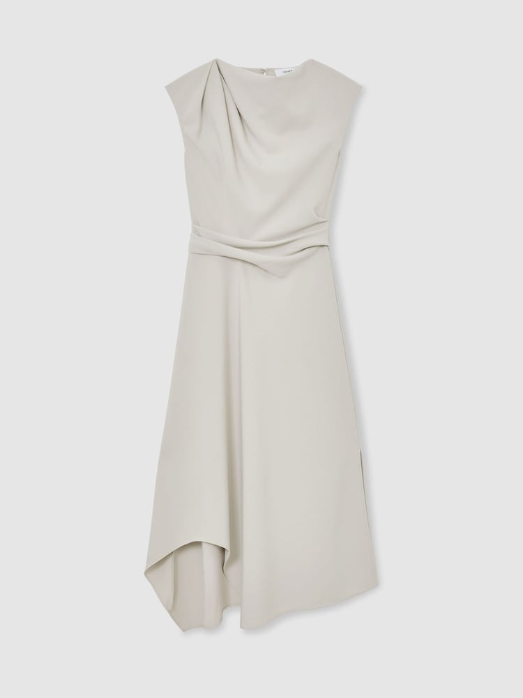 Reiss Stone Neutral Camilla Gathered-Detail Draped Midi Dress - Image 2 of 7 Reiss Stone Neutral Camilla Gathered-Detail Draped Midi Dress - Image 2 of 7