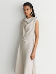 Reiss Stone Neutral Camilla Gathered-Detail Draped Midi Dress - Image 5 of 7