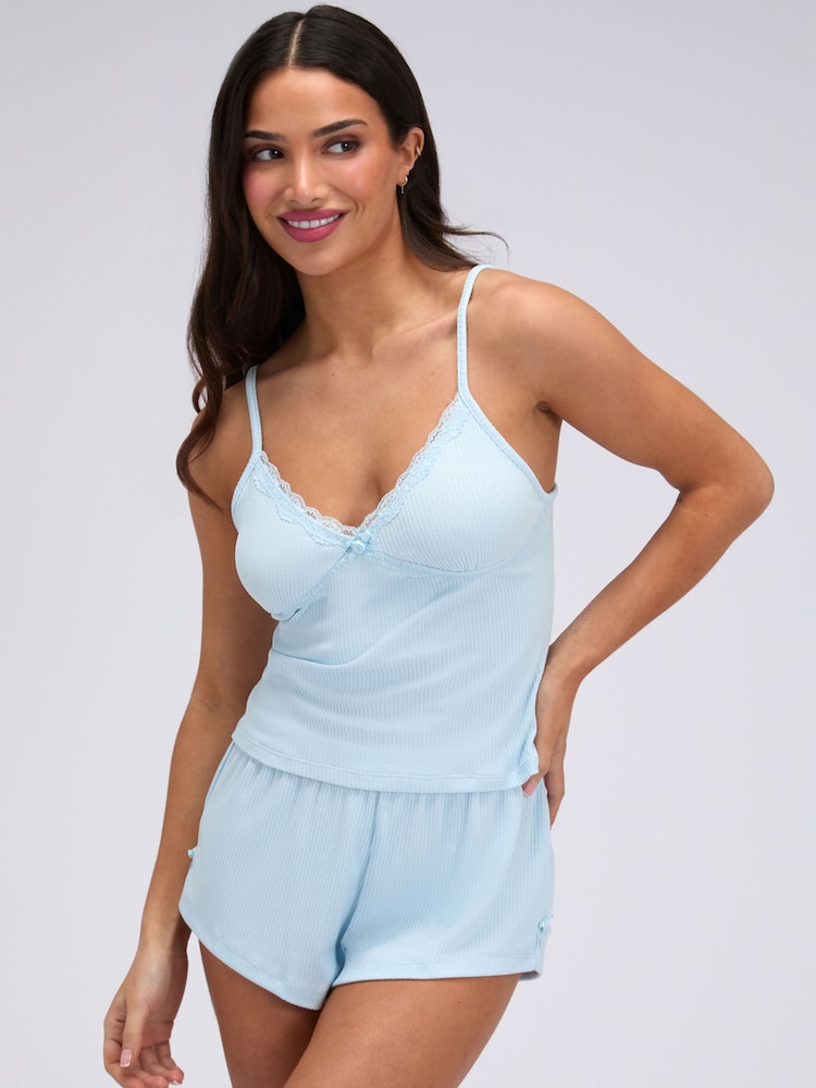Boux Avenue Blue Lace Trim Cami Pyjamas Set - Image 1 of 5 Boux Avenue Blue Lace Trim Cami Pyjamas Set - Image 1 of 5
