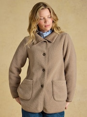 Joules Sadie Mink Brown Longline Button Through Fleece Jacket - Image 1 of 7