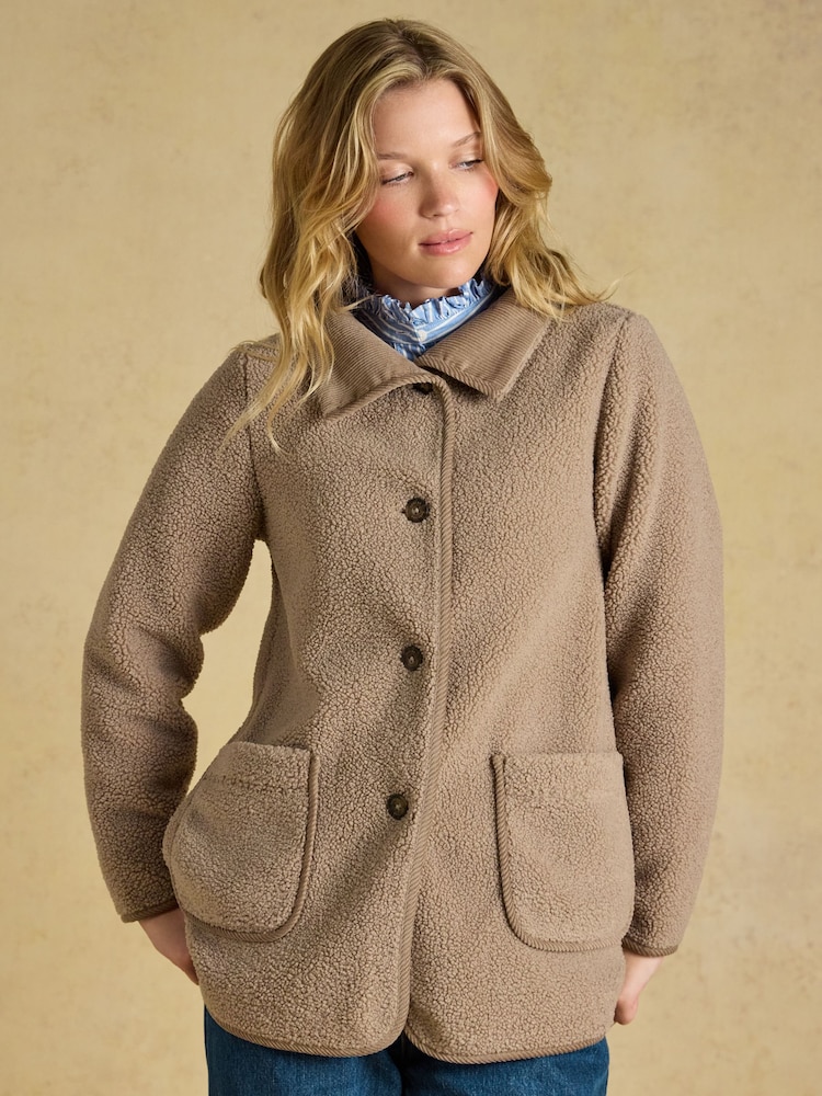 Joules Sadie Mink Brown Longline Button Through Fleece Jacket - Image 1 of 7 Joules Sadie Mink Brown Longline Button Through Fleece Jacket - Image 1 of 7