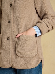 Joules Sadie Mink Brown Longline Button Through Fleece Jacket - Image 3 of 7