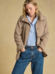 Joules Sadie Mink Brown Longline Button Through Fleece Jacket - Image 4 of 7