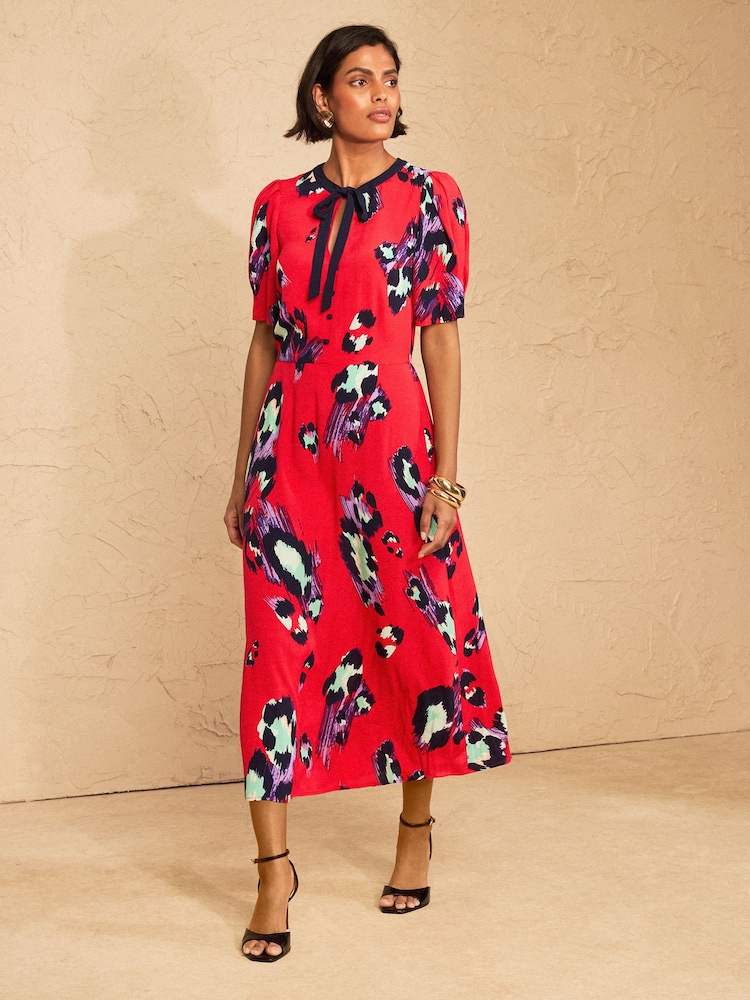Love & Roses Red Animal Print Tie Neck Midi Tea Dress - Image 1 of 4