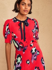 Love & Roses Red Animal Print Tie Neck Midi Tea Dress - Image 2 of 4