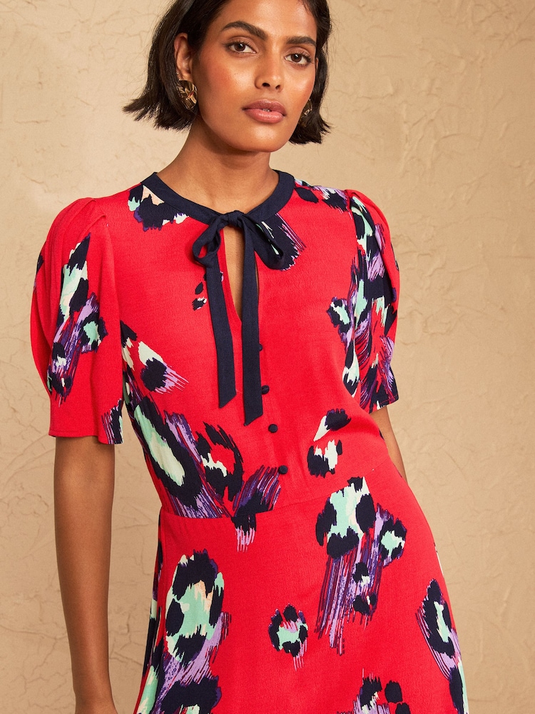 Love & Roses Red Animal Print Tie Neck Midi Tea Dress - Image 2 of 4