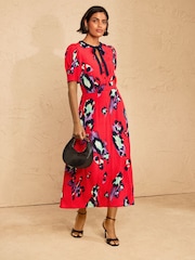 Love & Roses Red Animal Print Tie Neck Midi Tea Dress - Image 3 of 4