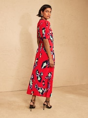 Love & Roses Red Animal Print Tie Neck Midi Tea Dress - Image 4 of 4