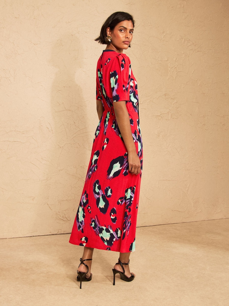 Love & Roses Red Animal Print Tie Neck Midi Tea Dress - Image 4 of 4