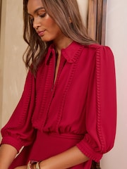 Love & Roses Red Zip Collar Plain Shirt Dress - Image 2 of 4